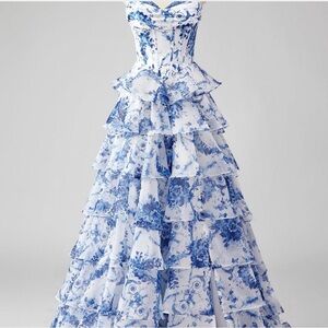 Elegant Blue Floral Prom Dress